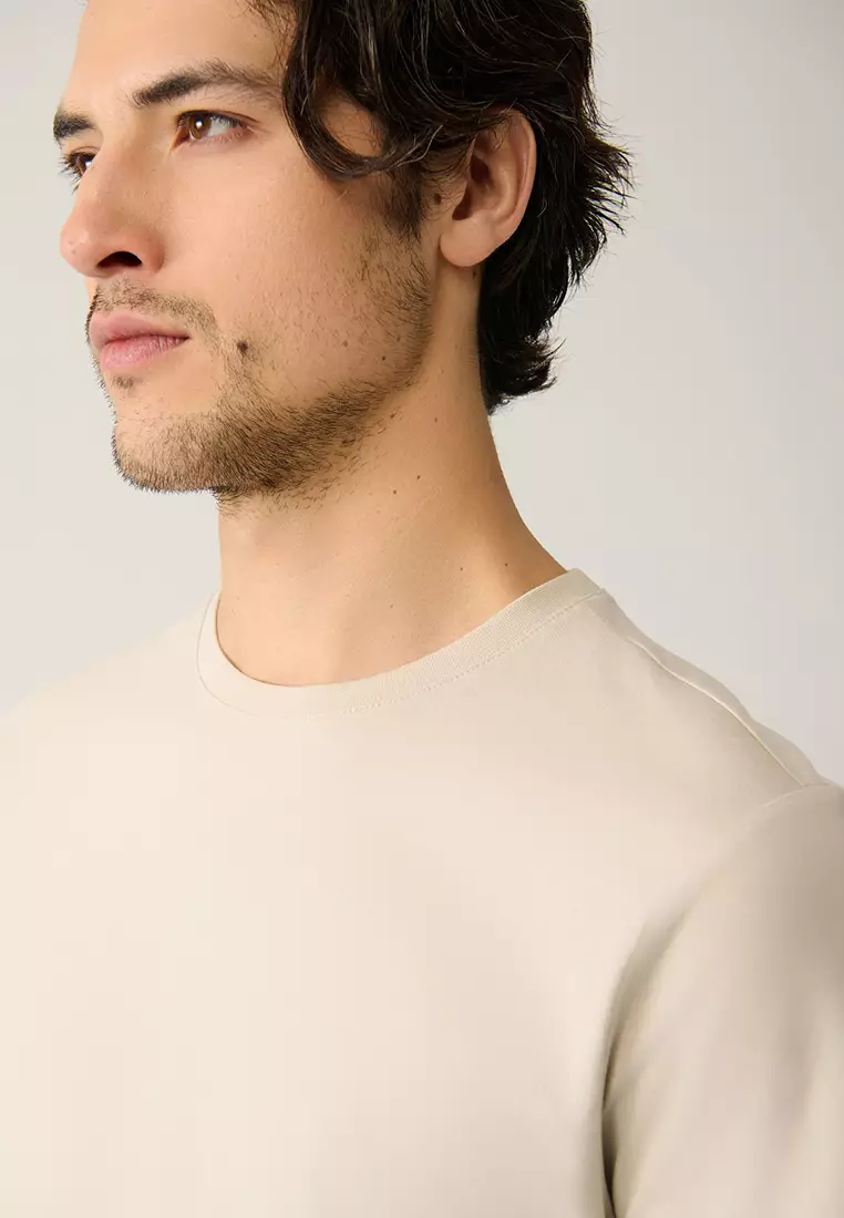 Men's Beige 100% Cotton Breathable Crew Neck T-Shirt E001000