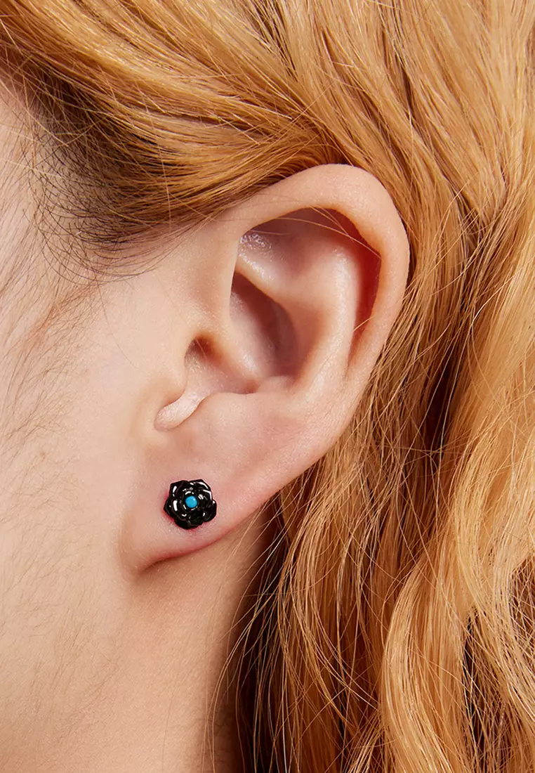 Solid 925 Sterling Silver Beaded Black Rose Stud Earrings