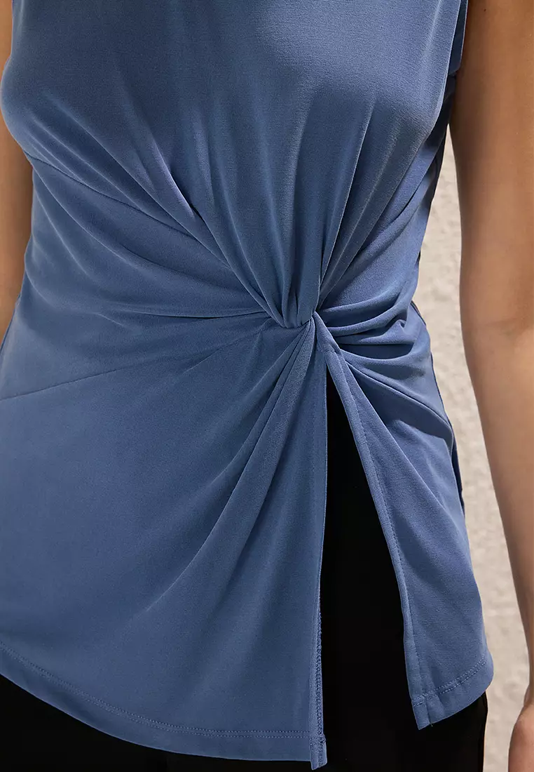 Indigo Stand Collar Gathered And Slit Detailed Knitted Blouse