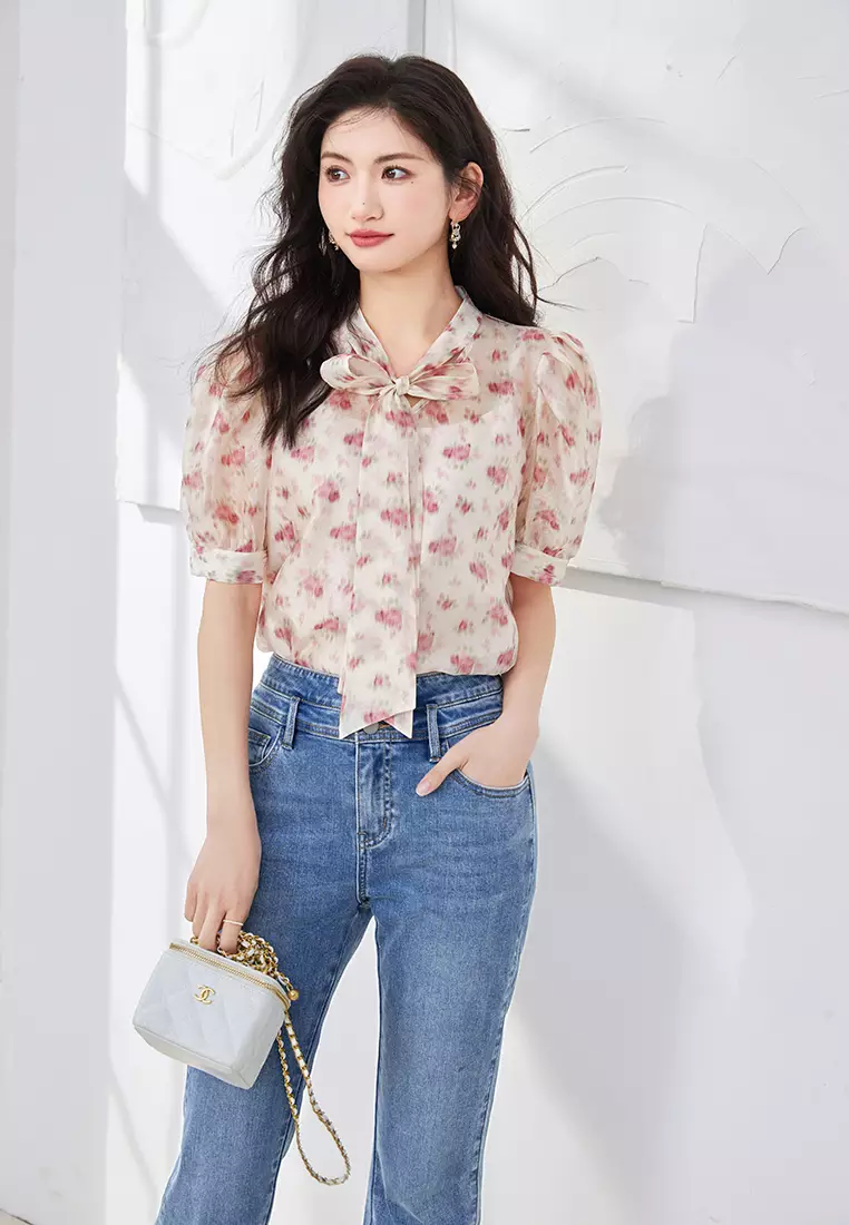 Puff Sleeve Mandarin Collar Floral Top with Front Ribbon Tie