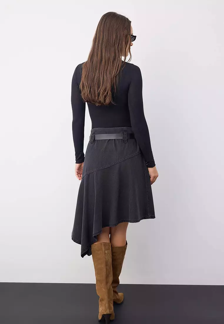 Belted Asymmetrical Midi Denim Skirt