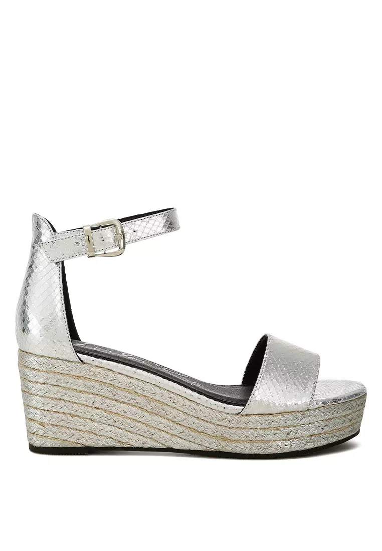 Espadrilles Wedge Ular Kulit Imitasi Perak