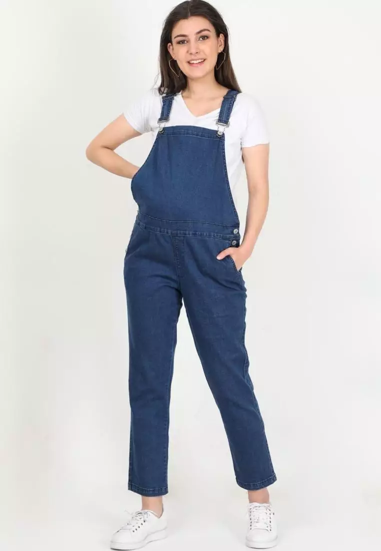 帶側扣藍色孕婦裝牛仔背帶褲