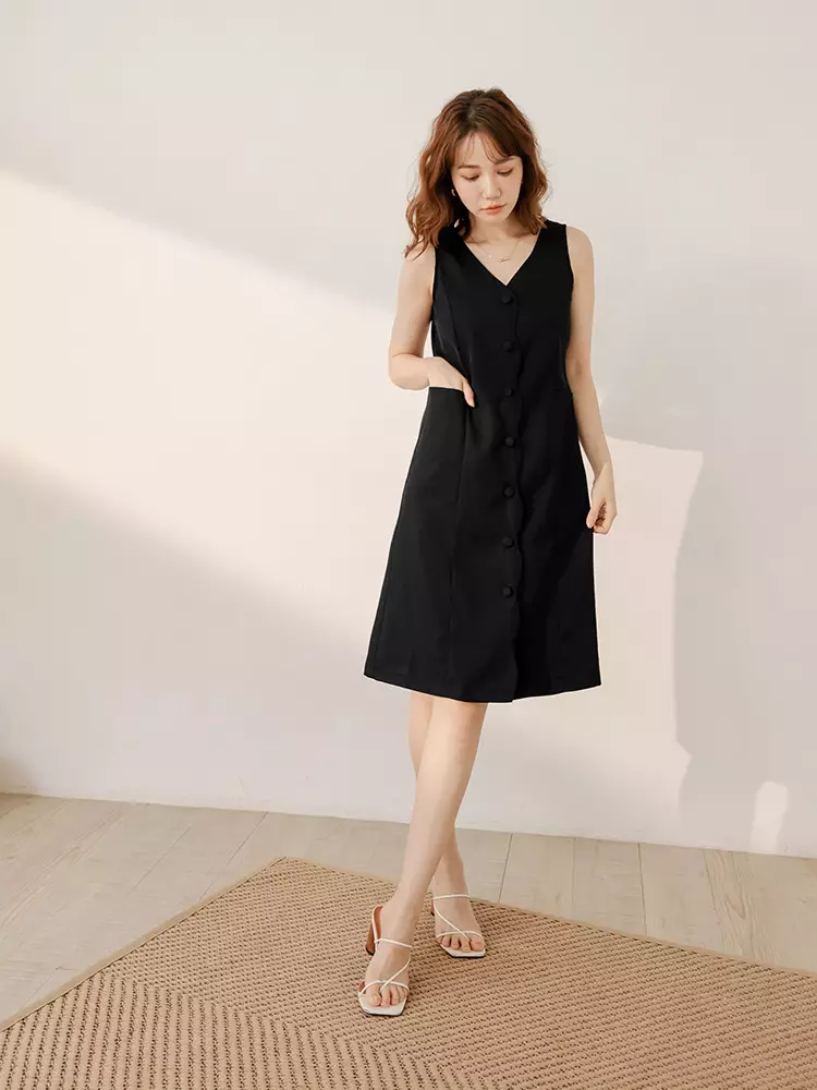 V-neck wavy placket sleeveless dress [DA10016]