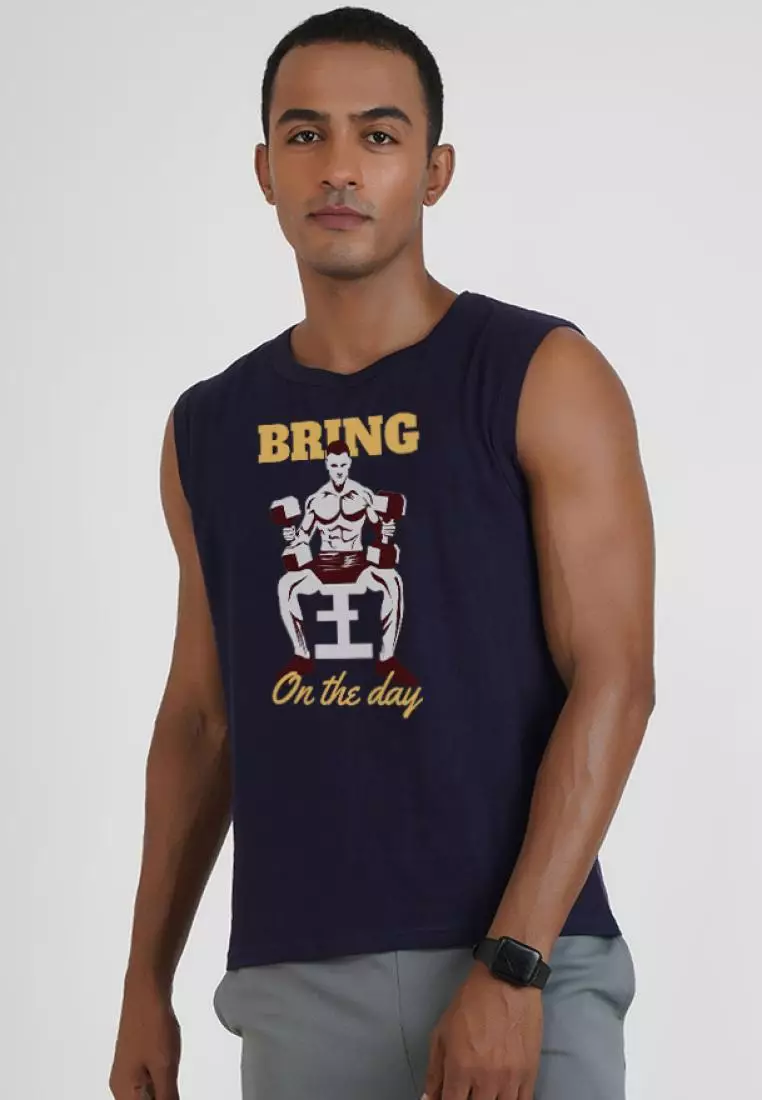 Bring On The Day 海军蓝色棉质无袖健身/训练背心
