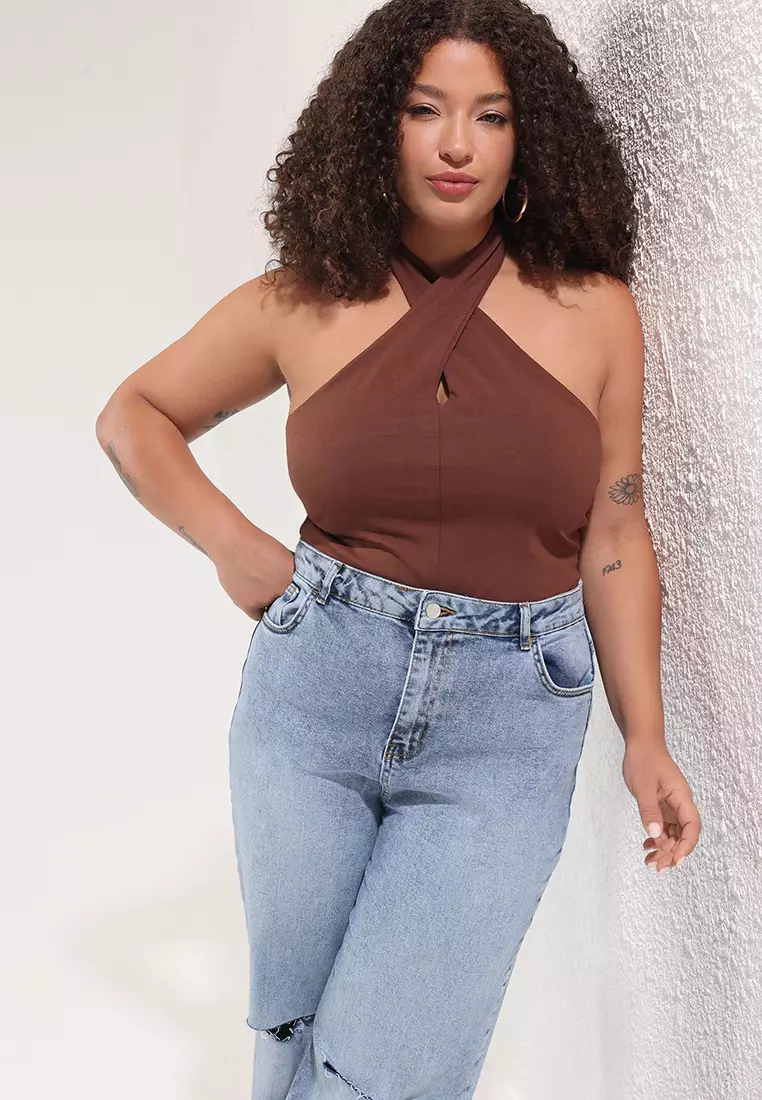 Brown Single Jersey Neck Knitting Plus Size Blouse TBBSS25AF00009