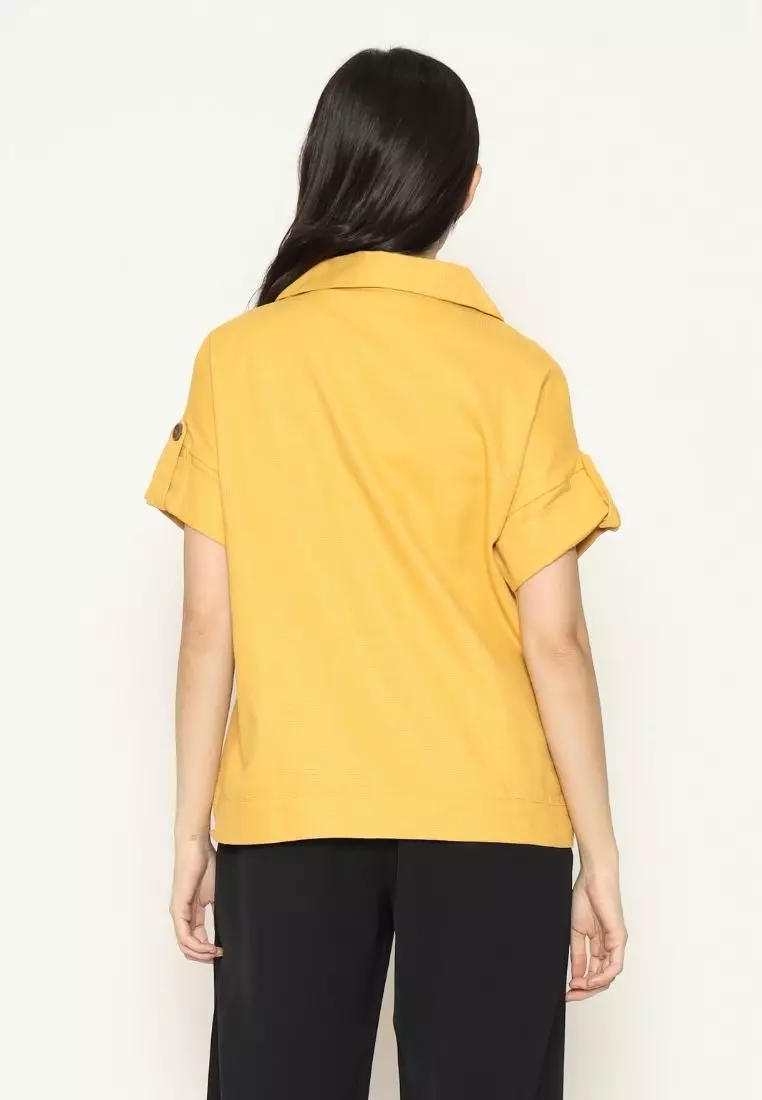 Urban Exchange Namina Yellow Waffle Shirt - Atasan Kemeja Wanita Lengan Pendek