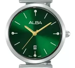 Jam Tangan Wanita Alba Fashion AH7EN9 AH7EN9X1 Strap Stainless Steel Silver Color Women Green Dial Watch Original Garansi Resmi