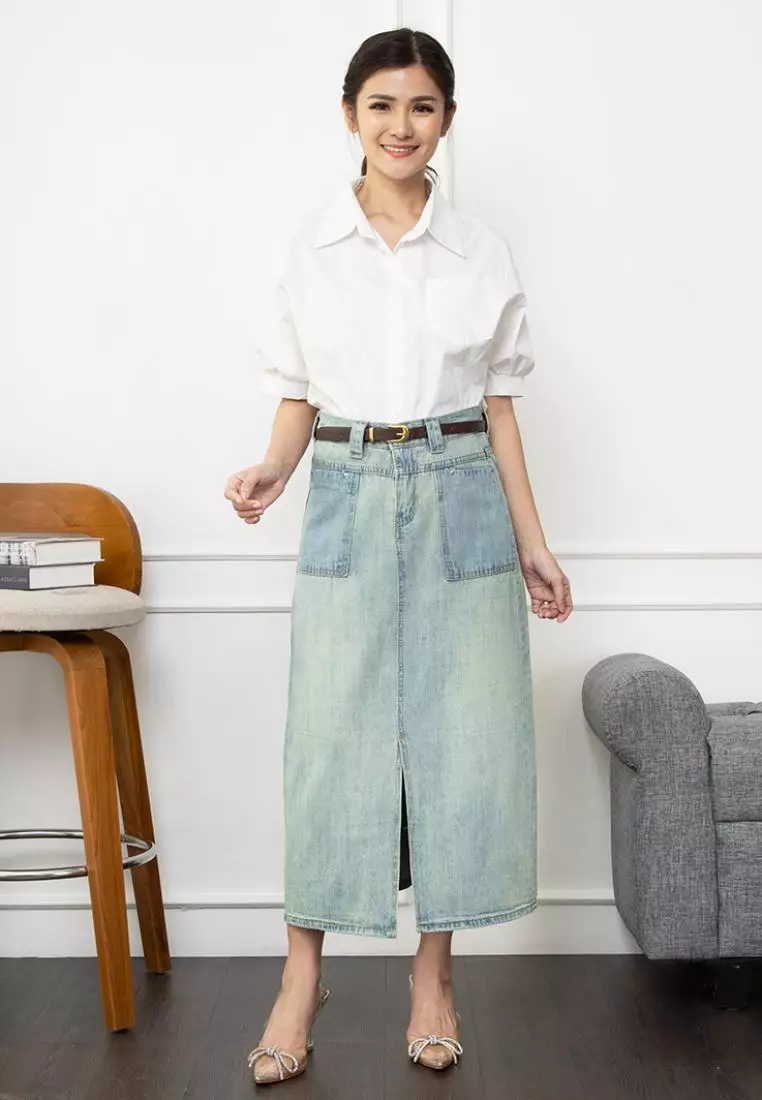Requel Midi Slit Skirt with Belt in Light Blue