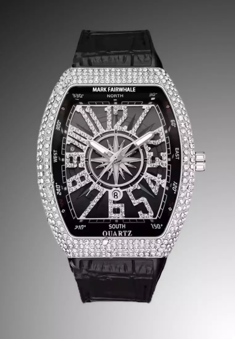 中性款酒桶形石英表，44毫米，黑色表盘，皮革表带