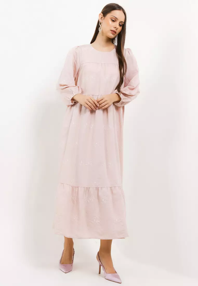 L/S Emb Tier Long Dress