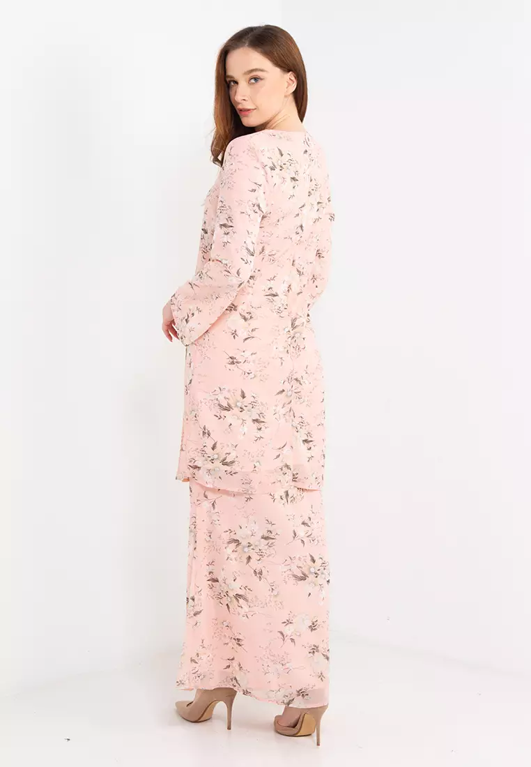 Soft Pink English Daisy Floral Baju Kurung Chiffon
