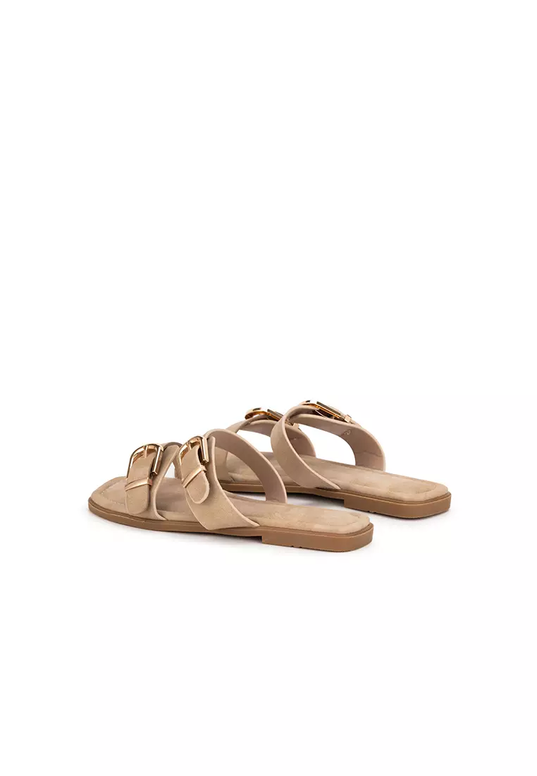 金扣双带平底拖鞋BUCKLED DUO STRAP FLAT SLIDE