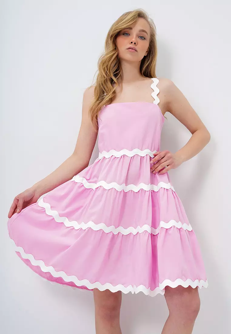 Women's Pink Zigzag Stripe Detailed Hidden Zipper Poplin Balloon Dress Alc-X14146