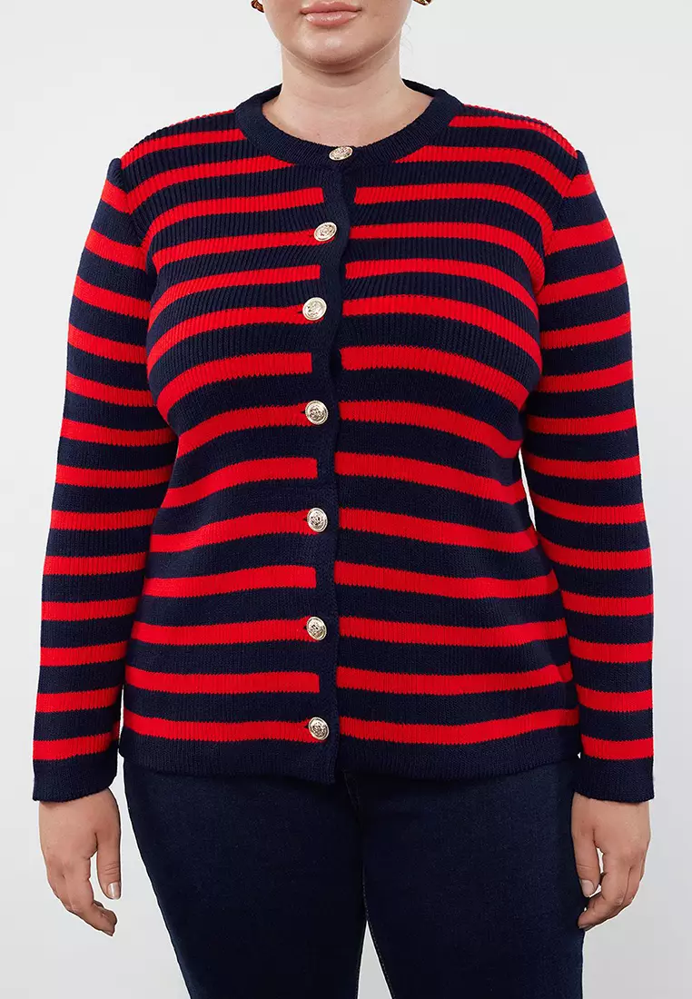 Navy Blue-Red Striped Jacket-Look Knitwear Cardigan Tbbaw24Av00011