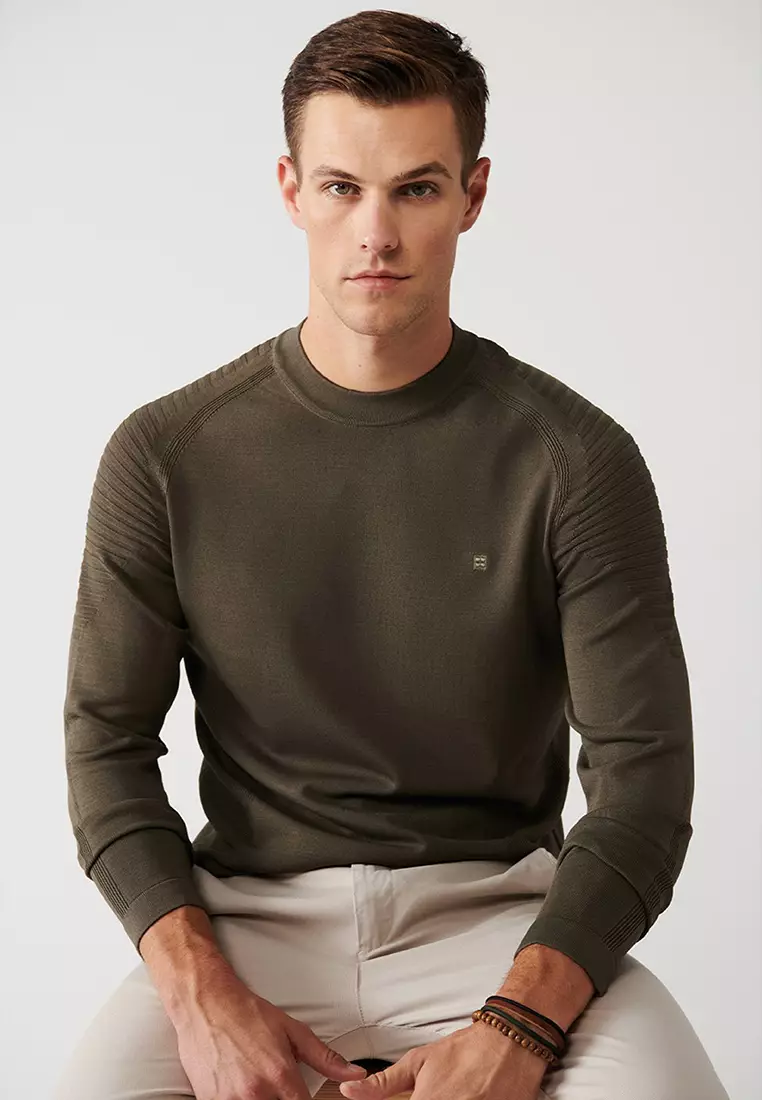Men's Khaki Crew Neck Rayon Knitwear Sweater A32Y5006