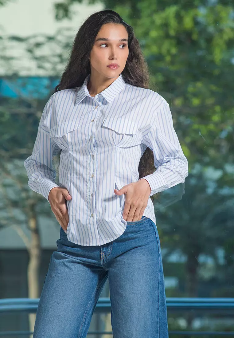 VIRGIO 100% Cotton Fitted Stripe Shirt With Flap