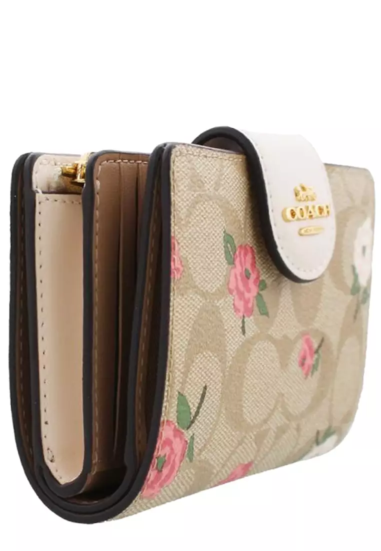 Coach Medium Corner Zip Wallet In Signature Canvas With Floral Print in Light Khaki/ Chalk Multi CR968