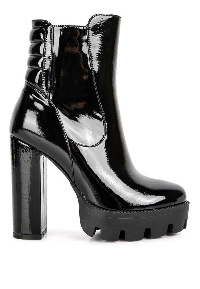 Black Collared Patent High Heeled Ankle Boot