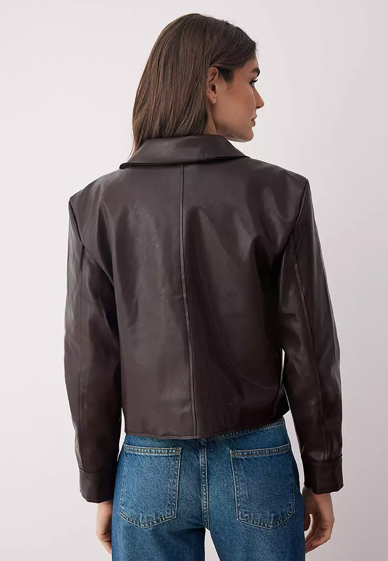 Buy Trendyol Dark Brown Faux Leather Shirt Collar Woven Jacket