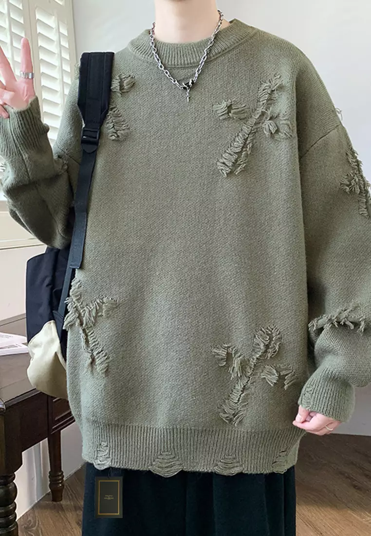 Ripped Jacquard Knit Sweater AY-H24658