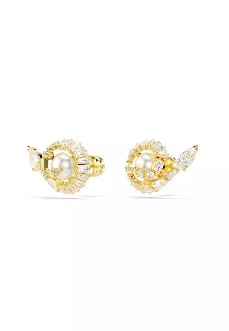 Snake stud earrings, Crystal pearl, Mixed cuts, Year of the Snake, White, Gold-tone plated