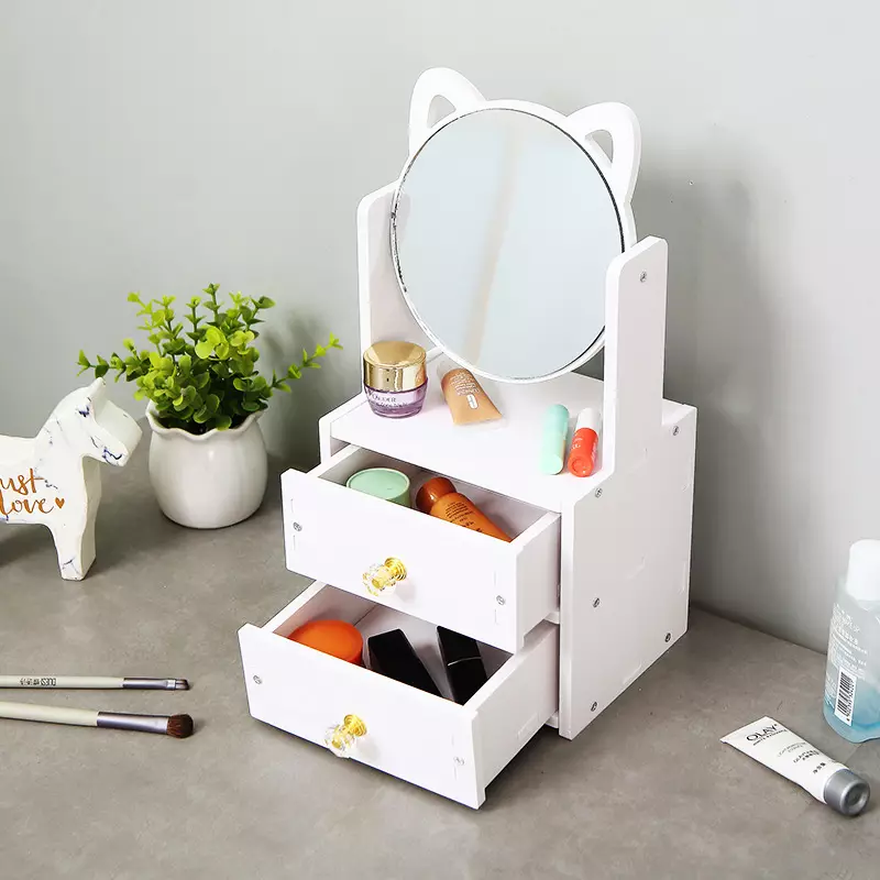 Wakakids Rak Laci Make Up 2 Susun dengan Cermin Vintage Tempat Kosmetik Storage Venrc Putih