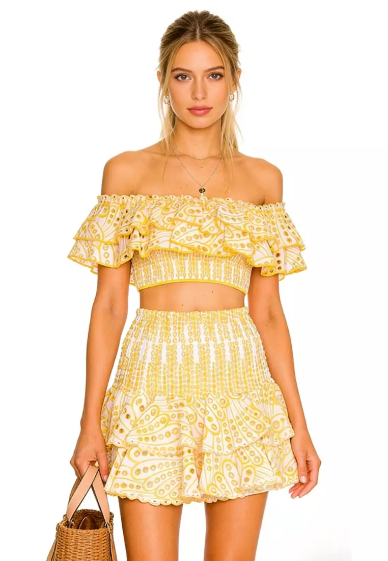 Off Shoulder Eyelet Embroidery Two-Piece Set CA26022443YE