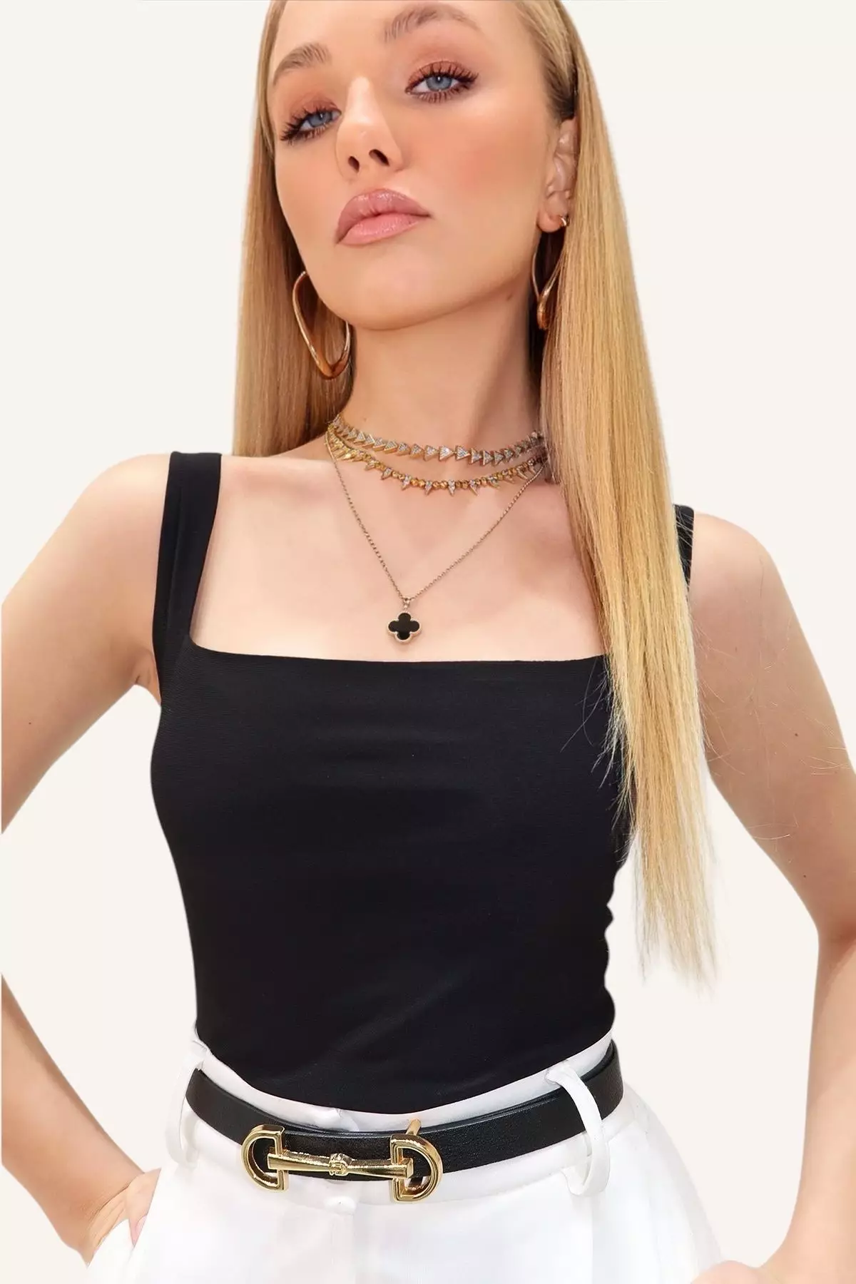 Women's Black Square Neck Thin Strap Sandy Fabric Blouse