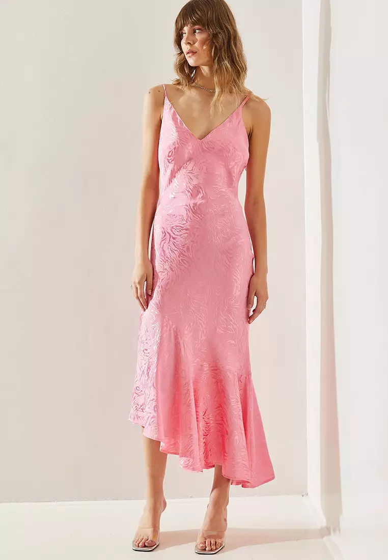 Women's Rope Strap Satin Jacquard Asymmetrical Hem Midi Dress 60251227
