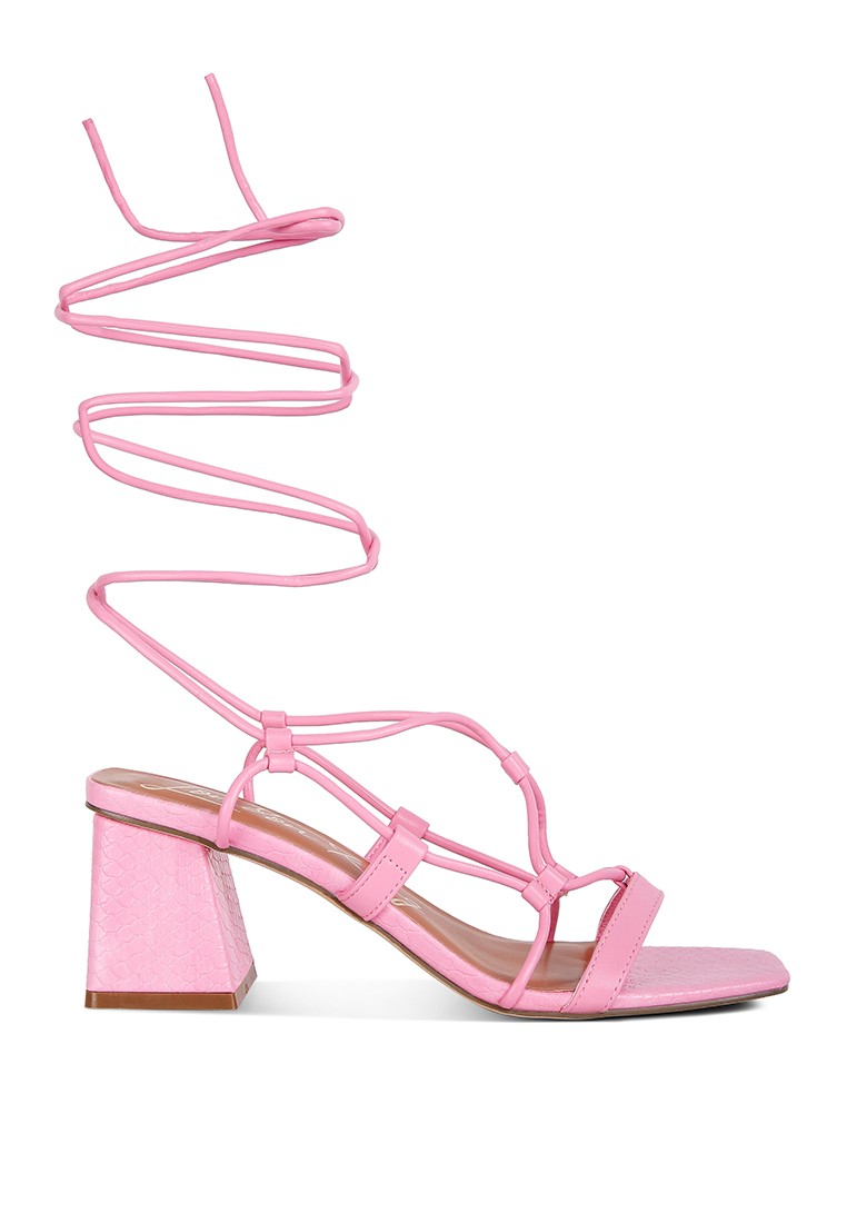 Pink Lace Up Block Heeled Sandal