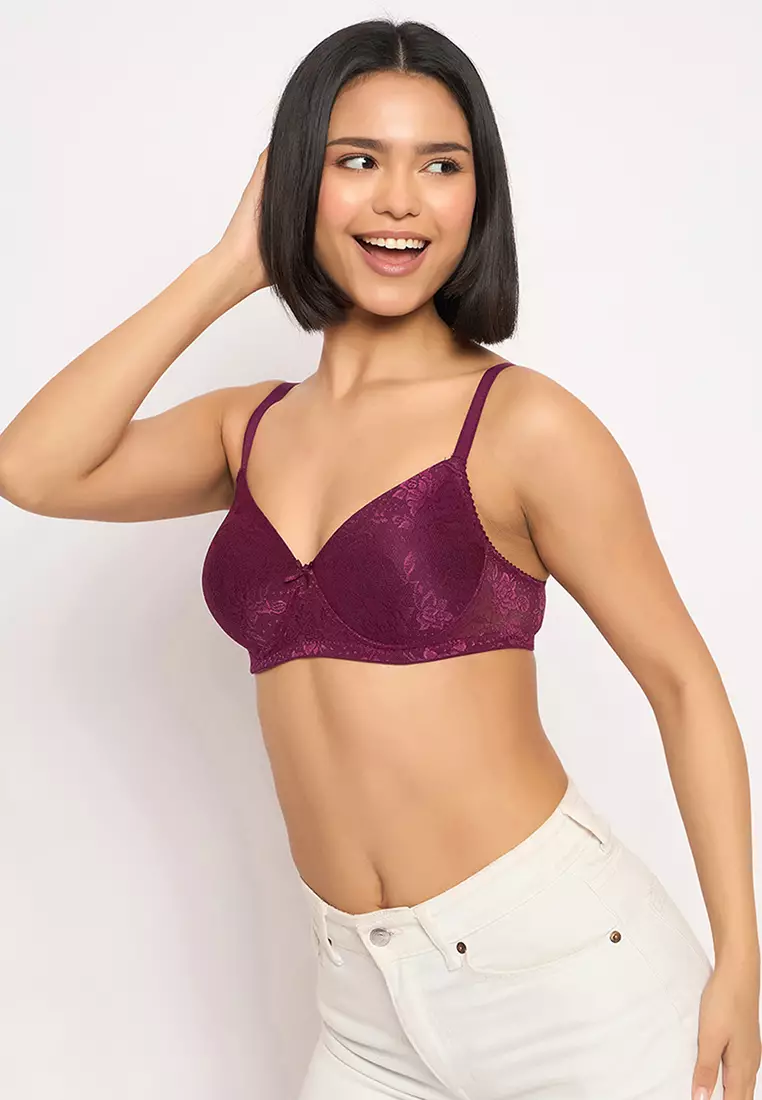 Clovia Lace Padded Non-Wired Full Coverage Bra in Purple