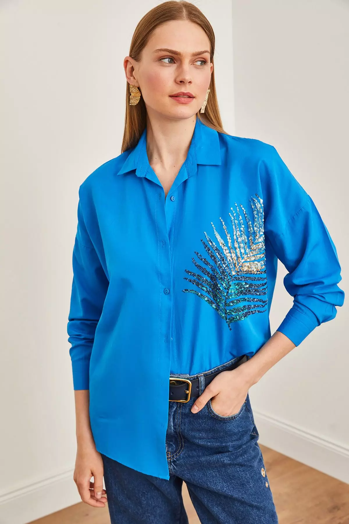Palm Sequin Detailed Oversize Woven Poplin Shirt