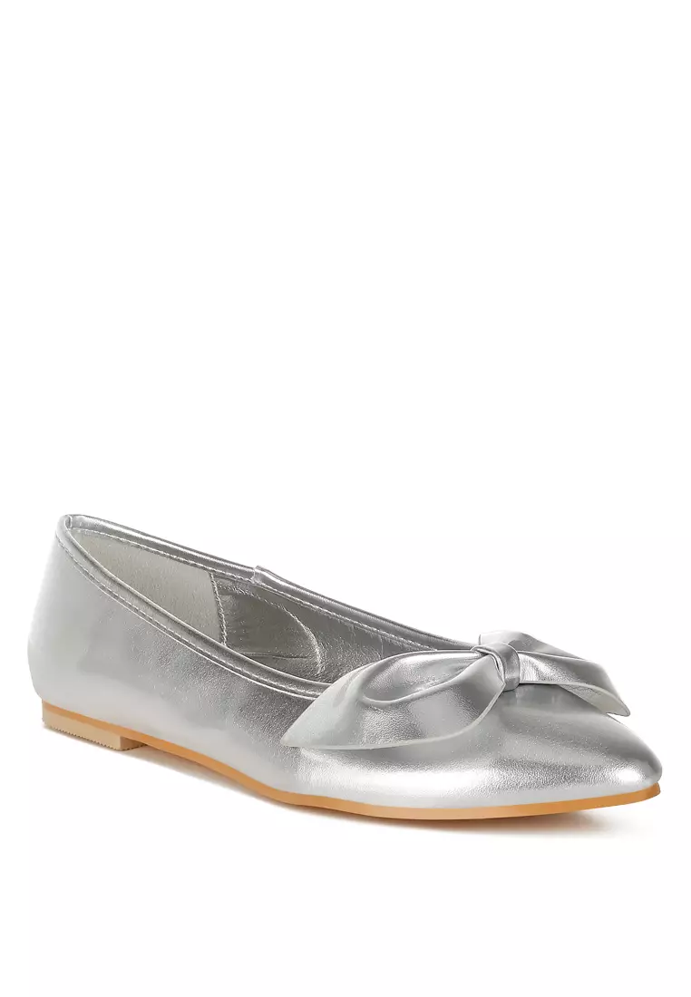 Metallic Pleather Bow Ballerinas in Silver