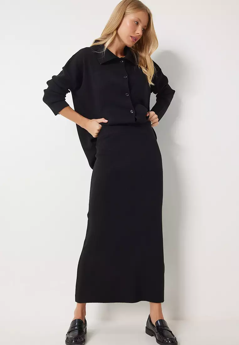 Polo Neck Knitwear Cardigan Skirt Set