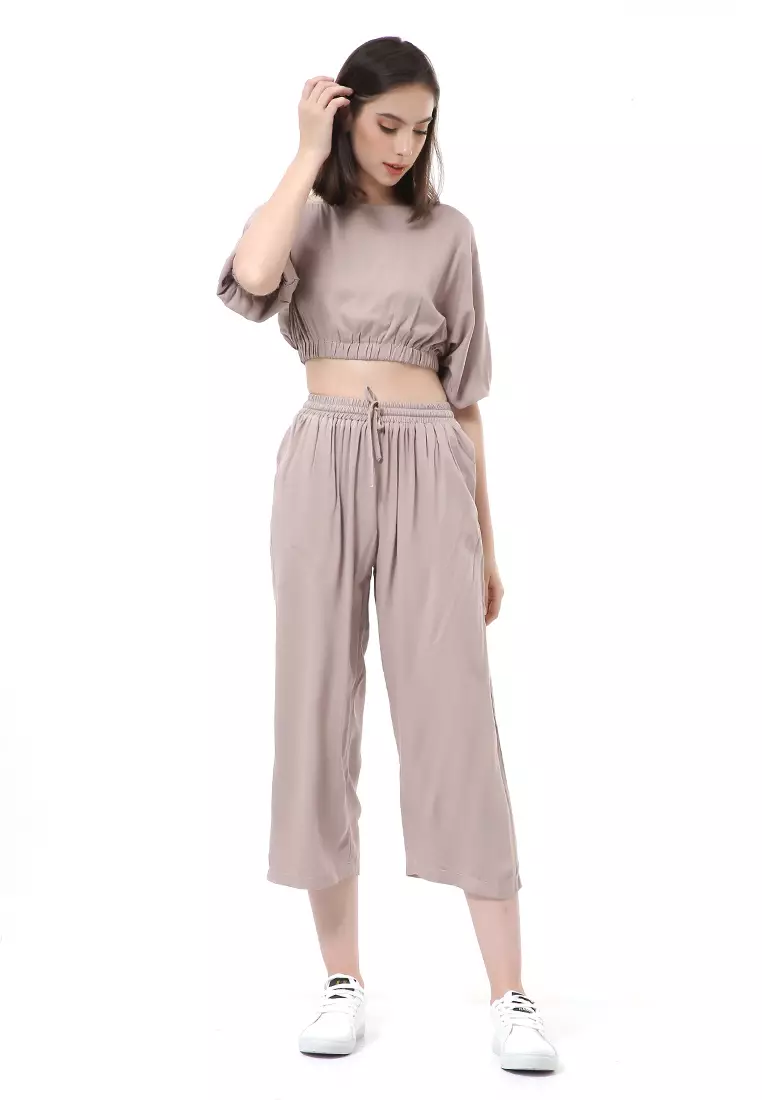 Nayra One Set Setelan Wanita Atasan Crop Lengan 3/4 Celana Kulot Material Rayon ORIGINAL - Milo