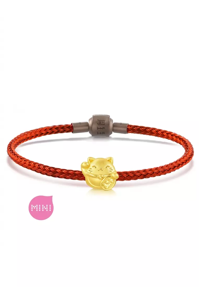 999 24K Solid Gold Cultural Blessings Auspicious Lucky Cat Charm 92307C (Bracelet not included)