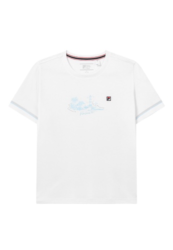 FILA white Online Exclusive Women's Embroidered Theme Print F-Box Logo T-shirt C8316AAA4D0532GS_1
