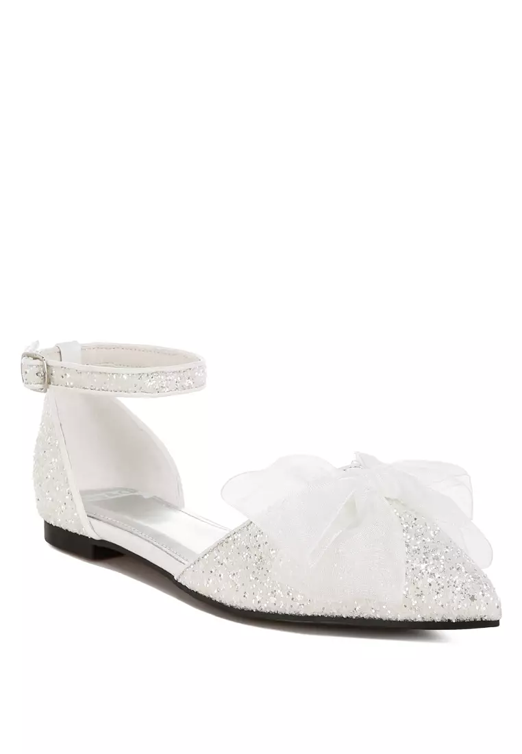 Sheer Bow Detail Glitter Flat Sandals in White
