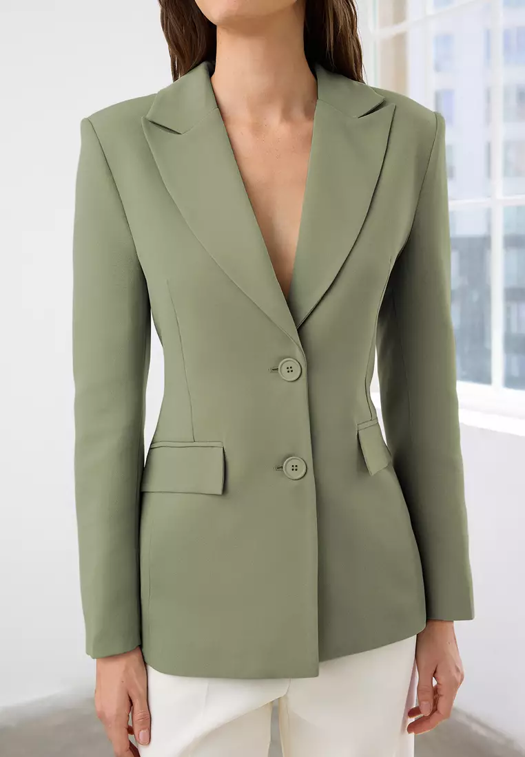 Light Khaki Fitted/Waist-Fitted Woven Blazer Jacket Twoaw26Bc