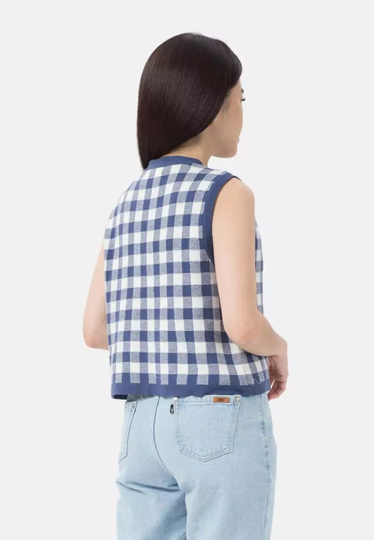 Button Knit Vest Checker in Blue