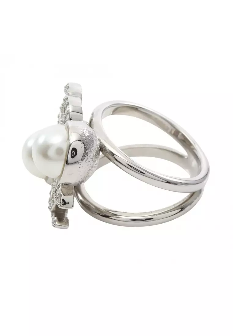 Pre-Loved Chanel coco mark ring ring Fake pearl Rhinestone Silver off white clear I25S