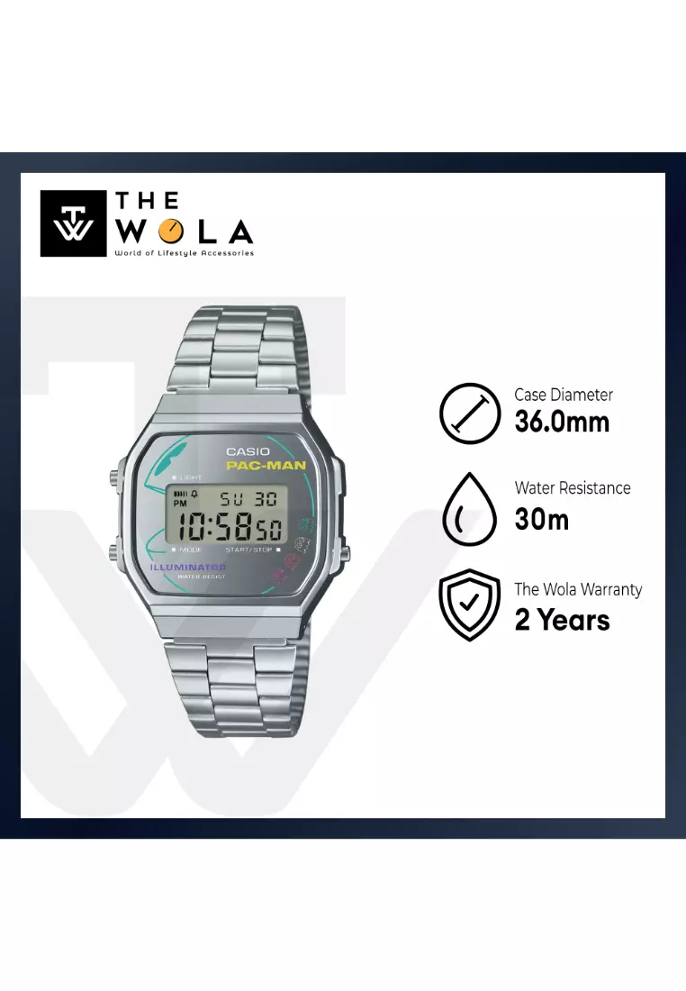 Vintage x Pac Man Unisex Digital Watch A168WEPC-7A Silver Stainless Steel Strap