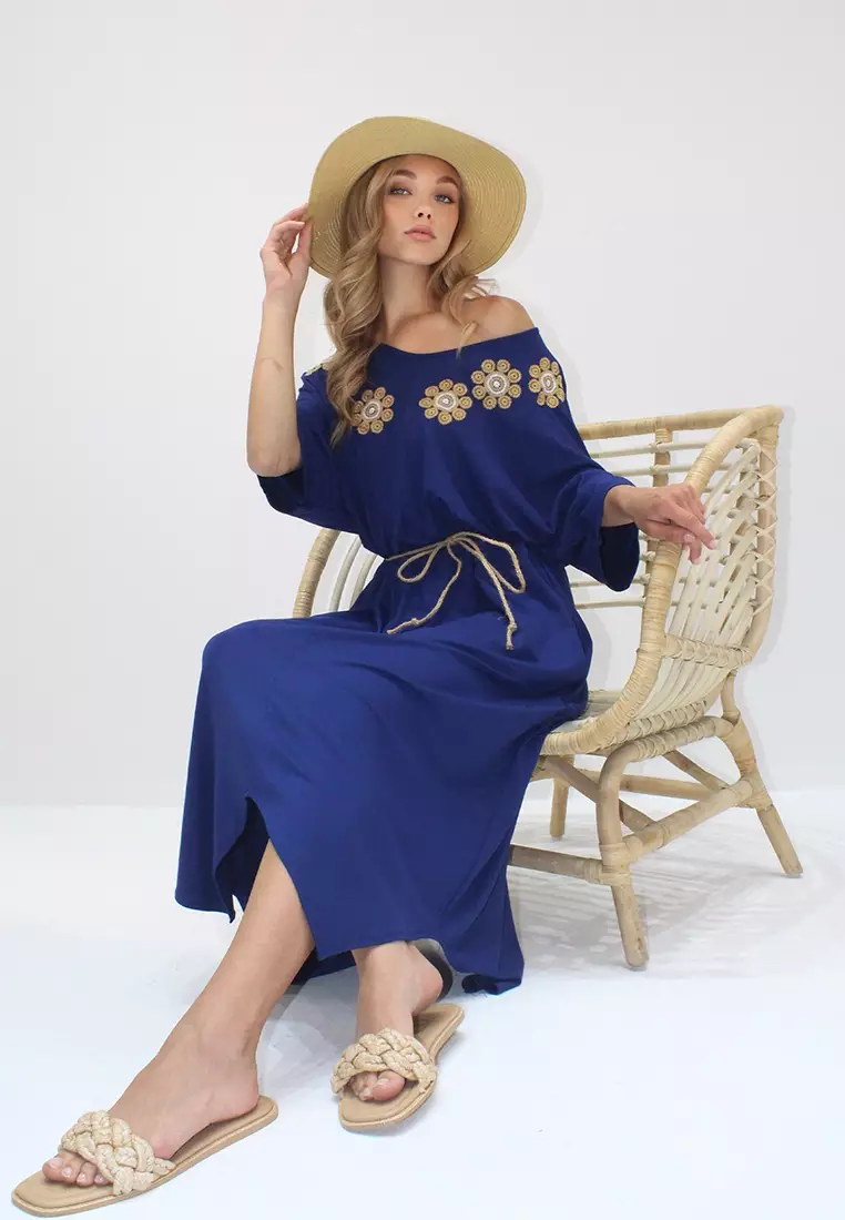 Embroidered Straw Belted Midi Dress