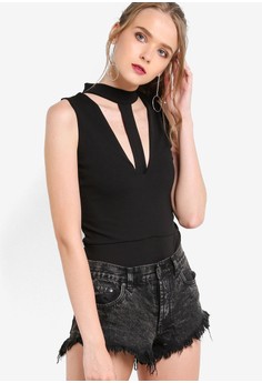 MISSGUIDED  Harness Choker Neck Bodysuit Black