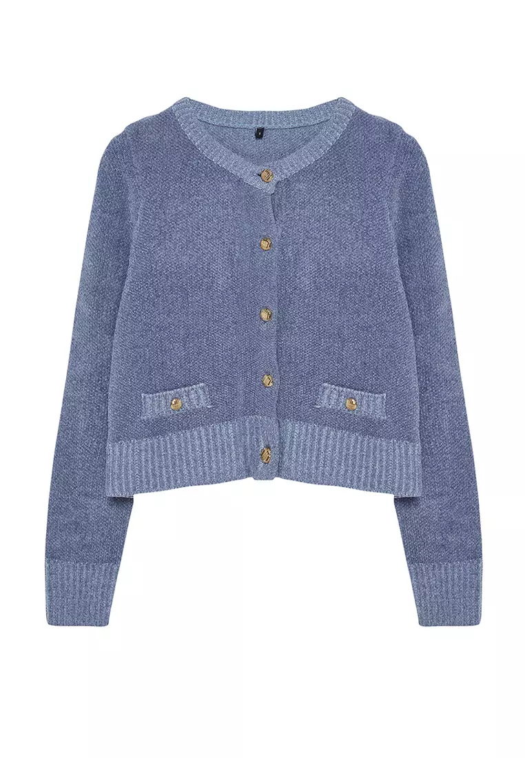 Blue Crop Premium Yarn/Special Yarn Pocket Detailed Jacket-Look Knitwear Cardigan TWOAW24HI00051