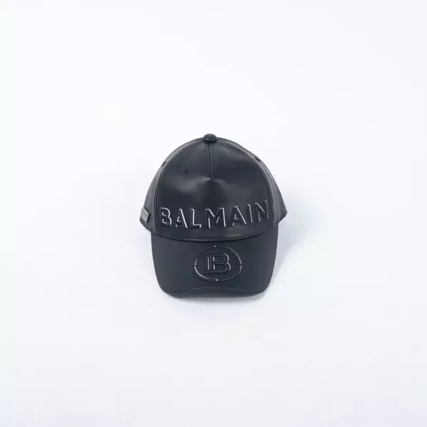 Topi BALMAIN B CIRCLE TEXT EMBROIDERY BLACK LEATHER CAP 100% ORIGINAL