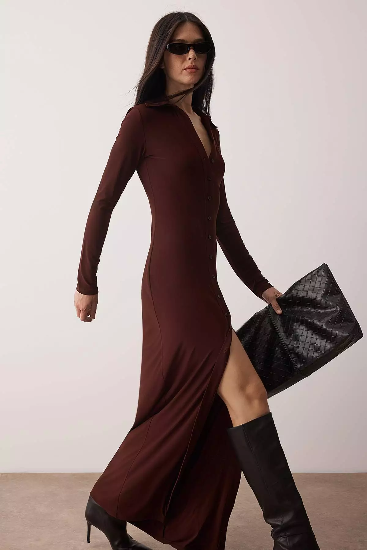 Brown Polo Collar Buttoned Bodycone/Fitted Maxi Knitted Dress Twoaw26El11