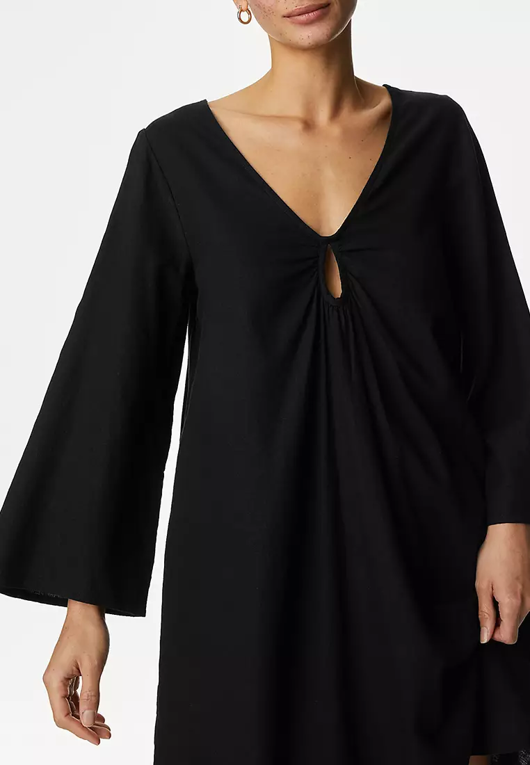 Linen Rich V-Neck Mini Beach Dress