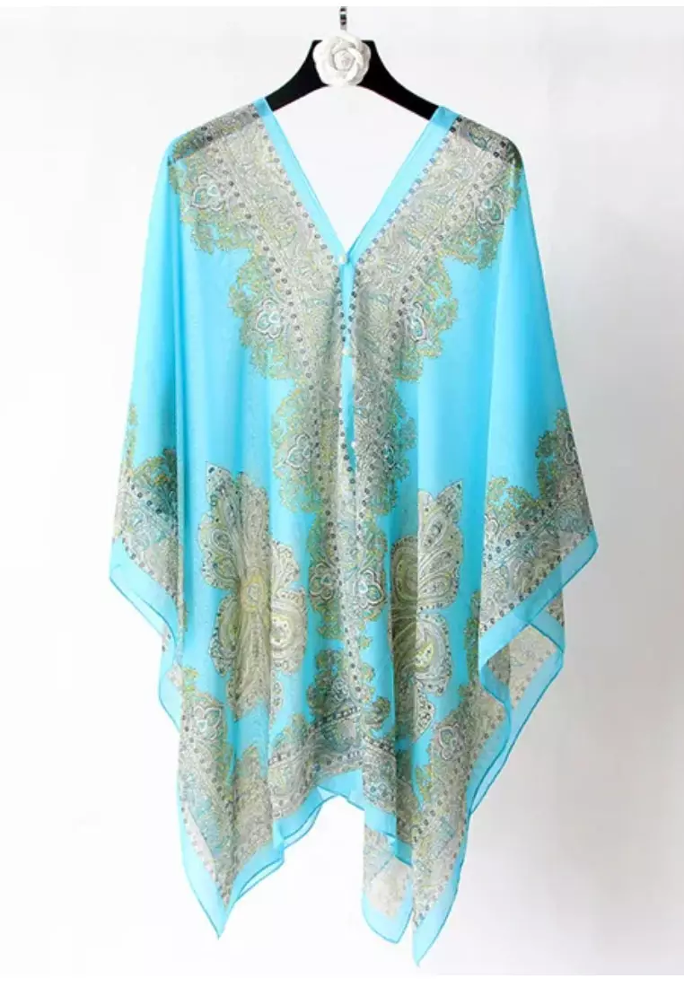 Aksesoris Wanita Victorian Print Multipurpose Scarf & Outer Poncho Style Syal Outer Wanita Blue